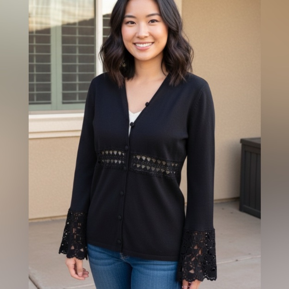 Pria black button down Cardigan with crochet sleeves size Small
